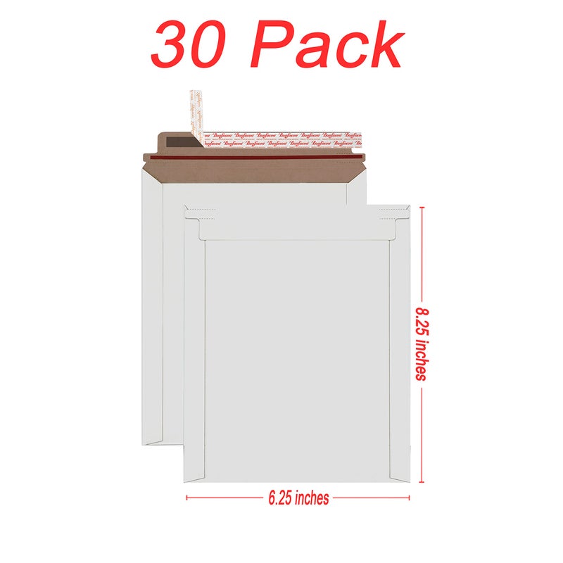 Bonfasvo Rigid Mailers 30 Pack 6.25 x 8.25 inches White Self Seal Stay Flat Bulk Cardboard Kraft No Bend Mailers Peel and Seal for Document Photos Pictures Papers Files CD - Image 2
